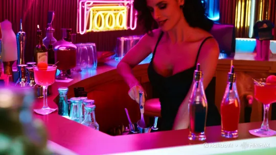 [右摇,上摇,变焦推进]A skilled and sultry female bartender performing with flair, expertly mixing cocktails with dynamic and sensual movements, retro-futurist style, neon-lit bar, fluid and smooth animation, high detail, vibrant colors, 1980s aesthetic, ambient lighting, cinematic feel by Hailuo AI Video Generator