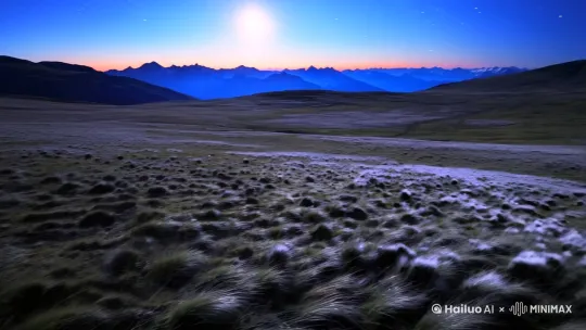 寂静的夜空月明星稀，行走在帕米尔高原的山巅，脚下是一片片山顶草原，月光洒下照在远处蔚蓝的群山。微风吹拂草地，腐草为萤。几名登山者在齐腰深的草丛中前行。 by Hailuo AI Video Generator
