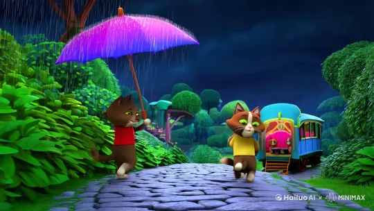 拟人化，两只猫在跑步，下起了雨它们拿着伞继续跑步，它们坐火车，它们看书，定格在胖胖的爪子上。 by Hailuo AI Video Generator