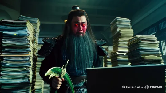 一个胡须长三尺，卧蚕丹凤眼红脸手持青龙偃月刀的将军在办公室凌晨三点用笔记本电脑加班，身边还有山一般高的文件没有处理，将军一边加班一边哭。 by Hailuo AI Video Generator