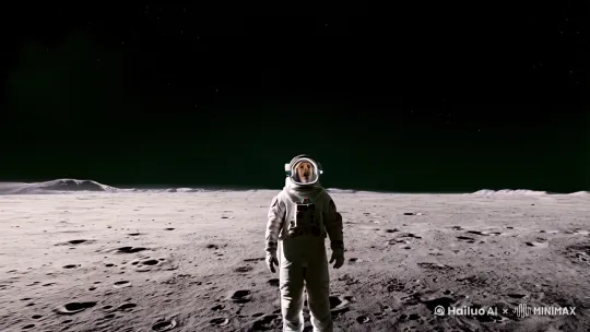登上月球的宇航员一抬头，发现星际中一个庞大的克苏鲁恶魔正在凝视他，恶魔伸出大手准备把月球碾碎 by Hailuo AI Video Generator