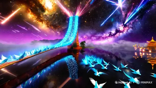 🌟【史诗级构图】银河级宽幅全景/超广角鱼眼镜头/空中俯视视角/史诗级场景规模
🌌【星空设定】璀璨紫金色银河纵贯天际/星云如泼墨晕染/流星雨划破长空/星轨螺旋特效/超现实高密度星群
🌉【鹊桥本体】百万只青蓝色发光喜鹊组成立体桥体/羽毛泛虹彩渐变金属光泽/桥体蜿蜒如DNA螺旋结构升向银河/每片羽翼折射星光形成光瀑效果
💧【水域呈现】镜面级黑曜石质感湖面/完美倒影形成莫比乌斯环结构/星轨在倒影中逆向旋转/水面漂浮发光莲灯矩阵
✨【动态特效】喜鹊群飞行残留光轨尾迹/桥体持续粒子化分解与重组/星空背景有维度裂缝特效/空气中漂浮结晶化星尘
🎆【氛围渲染】丁达尔圣光穿透云层/低空悬浮发光孔明灯群/背景若隐若现天宫剪影/雾气中漂浮篆体"七夕"全息投影 by Hailuo AI Video Generator