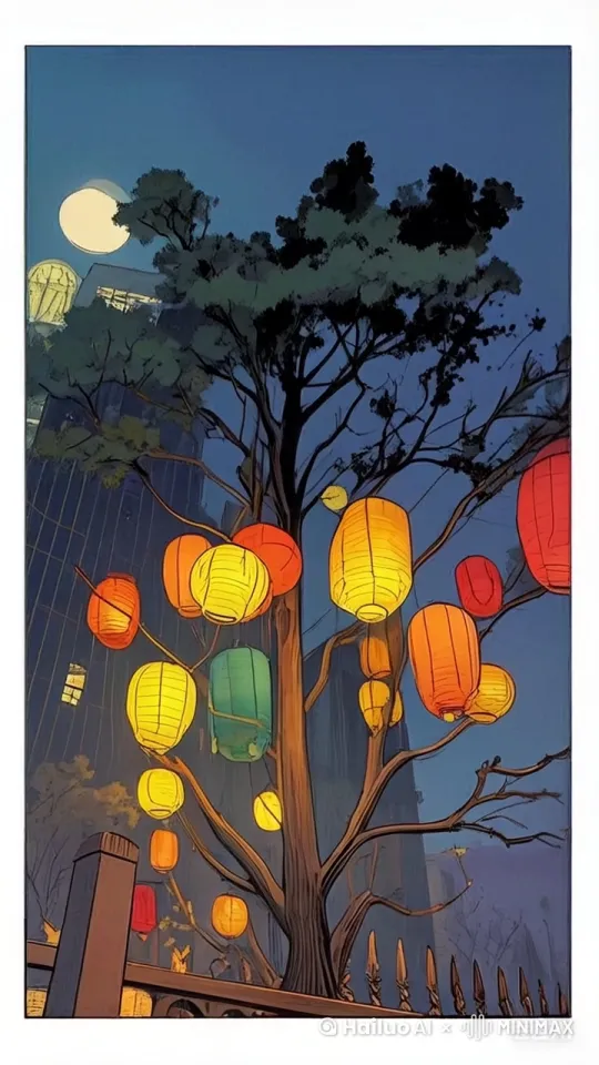 风吹过时，灯笼会轻轻晃动，仿佛在与夜晚的微风共舞。这种动态效果可以通过以下几个方面来描述：

1. **灯笼的晃动**：灯笼被风吹动，会在空中轻微摇摆。它们可能会前后晃动，或者左右摇摆，随着风的节奏而变化。不同颜色的灯笼在晃动时，会产生一种流动的光影效果，仿佛夜空中的星星在闪烁。

2. **光影的变化**：灯笼内部的光源是固定的，但随着灯笼的晃动，光影会在周围的树枝和地面上跳动。这种光影的变化会给人一种动态的感觉，仿佛整个场景都在随着风的节奏而律动。

3. **树叶的沙沙声**：风吹过树叶，会发出轻微的沙沙声。这种声音与灯笼的晃动相呼应，增加了画面的生动感。树叶的晃动也会在灯笼的光线下产生斑驳的影子，进一步增强了画面的层次感。

4. **灯笼绳子的摆动**：灯笼是通过绳子挂在树枝上的，风吹过时，绳子也会随之摆动。这种摆动会让灯笼在空中划出优美的弧线，仿佛在进行一场无声的舞蹈。

5. **整体氛围的变化**：风吹过灯笼，整个场景的氛围也会随之变化。原本静止的画面因为风的加入而变得生动起来，给人一种宁静而又充满活力的感觉。这种氛围的变化让人感受到夜晚的温柔和自然的力量。

总的来说，风吹过灯笼时的动态效果，不仅让画面变得更加生动，还增强了整体的诗意和浪漫感。这样的场景让人仿佛置身于一个梦幻般的夜晚，感受到自然的美好和宁静。 by Hailuo AI Video Generator