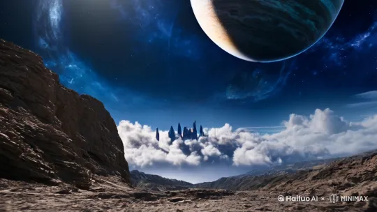 巨大摄影，低角度仰拍，科幻风格，天空中有个巨大的星球正在与另外一个星球相撞并产生爆炸，一身科幻装备的人物从近处入画，缓慢的跃走在坑坑洼洼的碎石地上，不远处是一个峡谷，峡谷中正有一只巨大的向四周裂开的时空裂隙，不寒而栗的压迫感！高清电影画质32K。 by Hailuo AI Video Generator
