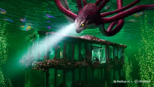 幽暗的深绿色池水,水下别墅悬浮在粘稠的液体中,半透明玻璃材质表面覆盖腐朽的珊瑚与藤壶,一只暗红色鳞片,苍白触手,发光黄色瞳孔的巨大怪物,以扭曲姿态静止凝视,手电筒般的瞳孔光束穿透别墅窗户,霓虹色微生物如雪花飘落,水面折射出颠倒的星空,镜头从怪物触须的阴影缓缓推进到破碎的别墅内部,灰白色烟雾从门缝渗出,色彩溢出、胶片噪点、空间错位的梦核风格,恐怖低鸣音效,慢镜头摇晃,气泡缓缓上升,高对比荧光蓝绿与暗红色调,病态黄光晕,液化边缘特效 by Hailuo AI Video Generator