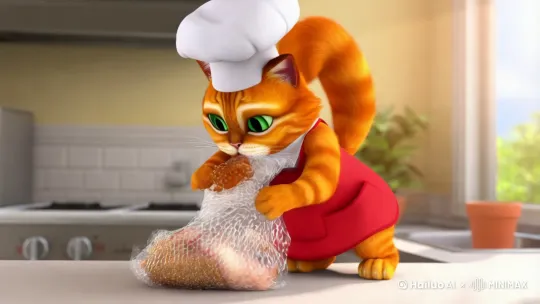 ### 小场景：厨房里的橘猫大厨

清晨的阳光透过厨房的窗户洒进来，厨房里弥漫着温暖的香气。一只毛茸茸的橘猫站在厨房的操作台上，专注地处理着一只肥美的鸡。它的名字叫“橘子”，是一只聪明又爱冒险的猫。

橘子戴着一顶小小的厨师帽，脖子上系着一条红色的围裙，尾巴轻轻摇摆，显得非常专业。它先用爪子灵巧地撕开保鲜膜，露出里面的新鲜鸡肉。接着，它用锋利的牙齿咬住鸡腿，轻轻一扯，便将鸡腿从鸡身上分离下来。

“喵~”橘子满意地叫了一声，似乎对自己的工作成果很自豪。它将鸡腿放在一旁，开始处理剩下的鸡肉。它用爪子按住鸡肉，另一只爪子熟练地撕下鸡皮，动作干净利落。

处理完鸡肉后，橘子跳下操作台，跑到调料架前。它用鼻子嗅了嗅，挑选了几种合适的调料：孜然粉、辣椒粉、盐和胡椒。它用爪子轻轻拨动调料瓶，将它们一一推到地上，然后叼起一个不锈钢小碗，将调料倒入其中。

橘子用爪子搅拌着调料，确保每一片鸡肉都能均匀地裹上调料。接着，它将鸡肉放入一个大盘子中，准备进行下一步。

厨房的炉灶上已经放好了一口大锅，橘子跳上椅子，再跃上操作台，熟练地打开炉灶的开关。蓝色的火焰“噗”地一声燃起，橘子小心翼翼地将大锅放在火焰上，倒入适量的油。

油热了之后，橘子将鸡肉一块块放入锅中，锅里立刻发出“滋滋”的声音。橘子一边用爪子翻动着鸡肉，一边注意着火候。它时不时地用鼻子嗅嗅，确保鸡肉的香味能够充分散发出来。

经过一番精心烹制，橘子终于将做好的大盘鸡端上了餐桌。它用爪子拍了拍桌子，仿佛在说：“开饭啦！”

阳光洒在金黄的鸡肉上，香气扑鼻。橘子满意地看着自己的杰作，尾巴高高翘起，显得非常骄傲。

就在这时，厨房的门被推开，主人走了进来。看到桌上香喷喷的大盘鸡和一脸得意的小橘猫，主人惊讶又欣喜：“哇，橘子，你真是太棒了！”

橘子“喵”了一声，跳上椅子，蜷缩在主人身边，享受着这顿美味的早餐。

### 结尾

在这个阳光明媚的早晨，橘猫橘子用它的智慧和勤劳，为主人和自己准备了一顿丰盛的大盘鸡。这不仅是一顿美味的早餐，更是一份充满爱意和创造力的礼物。 by Hailuo AI Video Generator