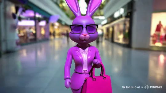 戴着眼镜的拟人兔女士3D模型，毛绒绒小胖手,，时尚都市装扮，兔手挎着粉色手包，商场背景, 柔和的色彩,运动模糊，曝光, 哑光塑料表面, 超现实主义，超高分辨率，极致细节描绘 by Hailuo AI Video Generator