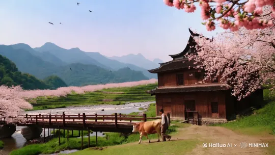 80年代场景，农家门口有一条河，河上有一座桥，桥上有一位农民正牵着牛走过，河边桃花、李子花正盛开着，远处是梯田青山，阳光明媚的天空燕子飞过，一片春天的美丽景象。 by Hailuo AI Video Generator