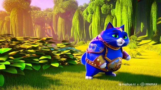 一只蓝色的胖猫穿上盔甲和一只会飞的正在喷火的黄色的胖龙战斗 by Hailuo AI Video Generator