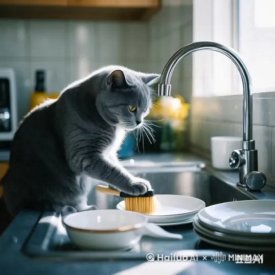 猫咪刷碗 by Hailuo AI Video Generator