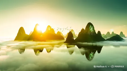[超宽幅全景镜头] 破晓时分的悬浮山脉群，万丈霞光穿透液态金云，群峰倒映在镜面云海上，每座山峰顶端均有发光符文悬浮。使用虚幻引擎5渲染，4K超现实细节，中国水墨画青绿色调，雾气呈现粒子流动质感，远景有水墨渲染的仙鹤群呈太极阵型飞过 by Hailuo AI Video Generator