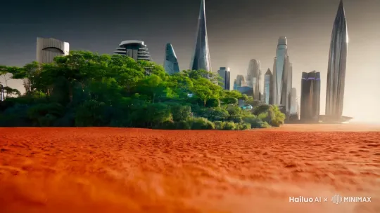 星汉灿烂的外太空，一粒水滴落在火星表面迸溅开来，展现出一个来自地球的美丽场景：绿树如荫的丰富植物围绕着现代化的高楼林立，空中的飞行器是一粒粒水滴，里面坐着人 by Hailuo AI Video Generator