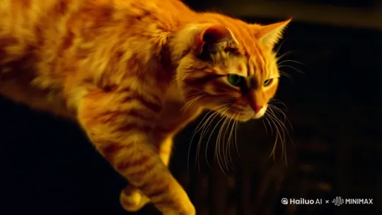 一只橘猫从空中一跃而下的特写镜头，镜头跟随着从上到下，希区柯特的背景环境 by Hailuo AI Video Generator