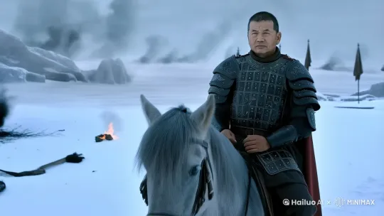 一位身穿铠甲的将军，骑着汗血宝马，站在冰天雪地的原野中，远处是点火硝烟，破烂的旗帜。 by Hailuo AI Video Generator