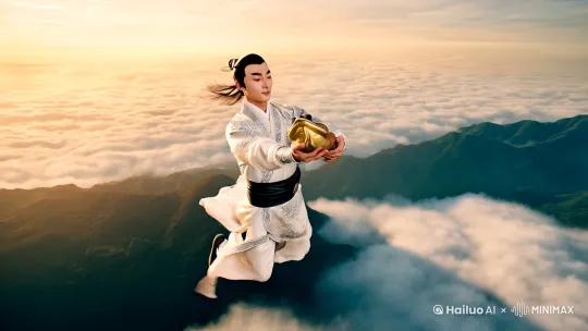 以无人机视角，在云海翻腾的山峦之上， 一位英武的古风青年凌空高速飞行。青年身着月白锦缎长袍，袍上绣有银色雅致花纹，黑色皮革腰带束腰。长发束起，以精美簪子固定，尾发随风飘扬，面容英俊，眉清目秀，鼻梁挺直，气质温润儒雅，衣抉飘飘，宛如画中走出的翩翩公子。少年抱着一只金色的蟾蜍，金蟾蜍嘴里吐着金币，在天空播撒。背景是壮阔的云海与连绵的山脉，尽显天地之浩瀚。镜头跟随快速移动。极速飞行的他，动作行云流水，温暖色调的光线洒在他身上，肢体仿若武术大师在空中凌厉出招，他的身姿敏捷似电，如同大侠在天空纵横驰骋。营造出梦幻与神秘的氛围。描述脚部鞋子特征、动态运动、动态模糊、延时摄影、超高速、电影效果、真实感、柔和色调。比例9:16 by Hailuo AI Video Generator