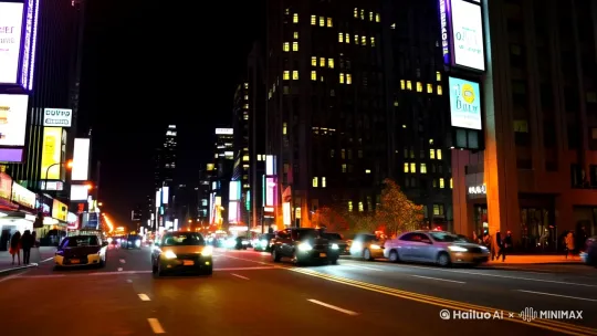 这是一幅夜晚城市街道景象。道路上有多辆汽车行驶，车灯闪烁，路边矗立着高楼大厦，建筑物上有亮着的广告牌和窗户透出的灯光，路旁还能看到一些行人。整体氛围展现出都市夜晚的繁忙与活力。
 
关键词：夜晚、城市街道、汽车、高楼大厦、广告牌、行人
视频比例9:16 by Hailuo AI Video Generator