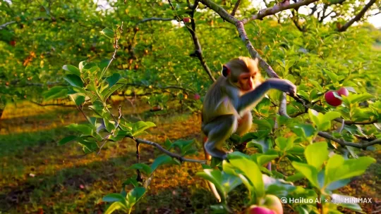 一只小猴子在树上摘苹果 by Hailuo AI Video Generator
