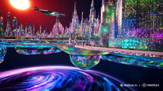 "一座漂浮在星空中的未来城市，建筑由半透明的水晶材质构成，表面流淌着霓虹色的光纹。城市下方是螺旋状的星云，深蓝色与紫色交织，远处有一颗巨大的红色恒星照耀全景。空中悬浮着小型飞行器，街道上行走着身穿银色服装的人类与机器人。画面风格偏向赛博朋克，充满科技感与梦幻氛围，超高清8K画质，光线追踪效果。 by Hailuo AI Video Generator