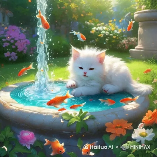 鱼儿跳动，轻风飞扬，猫咪用爪子抓水 by Hailuo AI Video Generator