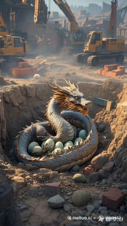镜头移动，动态跟随，龙跑出龙坑，驱赶走进龙坑的人，天空电闪雷鸣 by Hailuo AI Video Generator