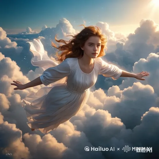 主体] 一个年轻男性/女性，正面朝镜头飞行，双臂自然伸展或贴合身体
[环境] 高密度蓬松云层，多层次卷云与积云交织，阳光穿透云隙形成丁达尔效应
[动态] 缓慢推进镜头，发丝与衣角随风飘动，云层流动速度差产生空间纵深感
[视觉效果] 4K超现实风格，浅景深虚化背景，皮肤高光粒子特效，虹膜发光细节
[色彩] 冷调云朵(青白渐变) + 暖调阳光(琥珀金)，高动态范围(HDR)对比 by Hailuo AI Video Generator