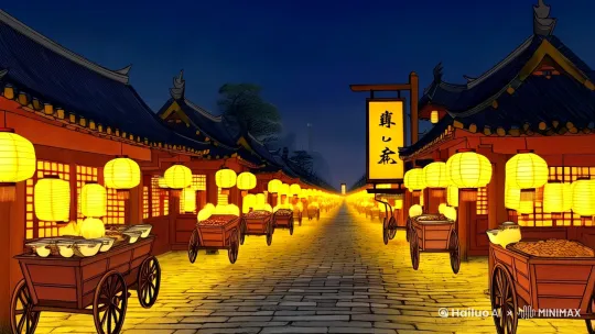 水墨卷轴开场推镜[推进]，宋代夜市全景，华灯初上青石板街道延伸至暖黄色灯笼的移动木制餐车飞檐下幌子书「喵字十八扯」，招牌“喵字十八扯”随风晃动，朱漆雕花格子窗透出蒸腾雾气，蒸汽漫过朱漆格子窗，镜头穿透窗棂，见玄猫束襻膊，尾卷《山家清供》菜谱，特写爪印泥章"御厨第79代"，窗后玄猫戴襻膊的朦胧剪影，水墨卷轴质感，8K超清细节，《清明上河图》笔触，暗藏三处猫爪木雕装饰 by Hailuo AI Video Generator