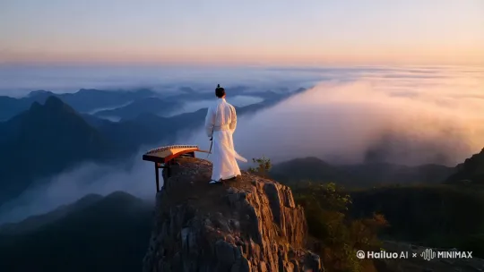 画面1(0-3秒):**
- **场景**:清晨的山顶,云雾缭绕,阳光穿透云层洒向大地。
- **动作**:一位身着白衣的侠客背对镜头,站在悬崖边,衣袂随风飘扬。
- **音乐**:悠扬的古筝前奏响起,伴随风声。 by Hailuo AI Video Generator
