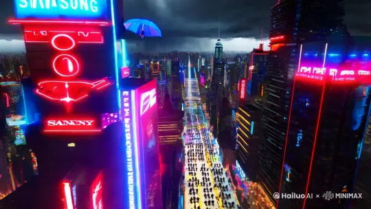 "A hyper-detailed 15-second cyberpunk city nightscape: Neon-drenched skyscrapers with glowing corporate logos (Sony/Samsung style), flying taxis leaving red/blue light trails, crowded streets with umbrellas reflecting holograms, sudden aerial reveal showing endless city glowing through storm clouds, all captured with Arri Alexa 65 dynamic range and Cooke anamorphic lens flares, transitioning from chaotic street-level details to awe-inspiring god's-eye view, ending with a dramatic lightning strike illuminating the entire metropolis."   by Hailuo AI Video Generator