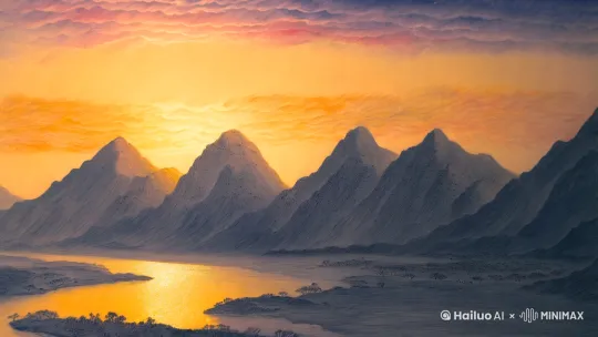 自动生成一幅日出群山的水墨画，从近到远逐步生成 by Hailuo AI Video Generator