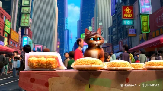 帮我生成一只可怜兮兮的小猫在街上卖炒饭的长视频 by Hailuo AI Video Generator