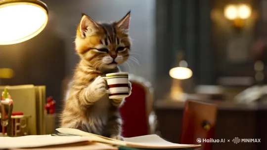 一只小猫咪连续加了两天班，拖着一身疲惫在工位上边喝咖啡边工作 by Hailuo AI Video Generator