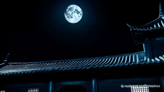 在茫茫黑夜中一个人影闪过从地面跳上房顶，[上升][变焦推进]，这个人在月光的照耀下显出轮廓是一个佩戴着绣春刀的锦衣卫，[变焦推进]并随着镜头拉近逐渐清晰，只见他站在房檐上，背后是一轮圆月，[变焦推进]是一个五官粗犷但又不失帅气的年轻锦衣卫，眼神中透露着坚毅，突然，他看向远方，[变焦拉远]镜头瞬间拉远，他拔出刀，刀刃一道寒光闪过，他一跃消失在黑夜 by Hailuo AI Video Generator
