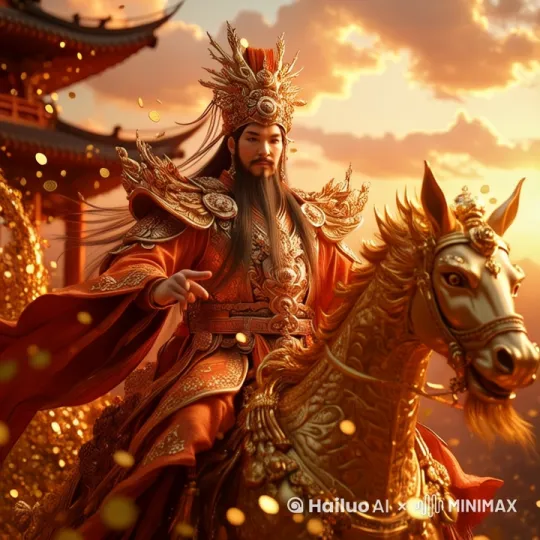 财神缓缓骑马向前走，周围金币像下雨一样落下，跟随环绕运镜 by Hailuo AI Video Generator