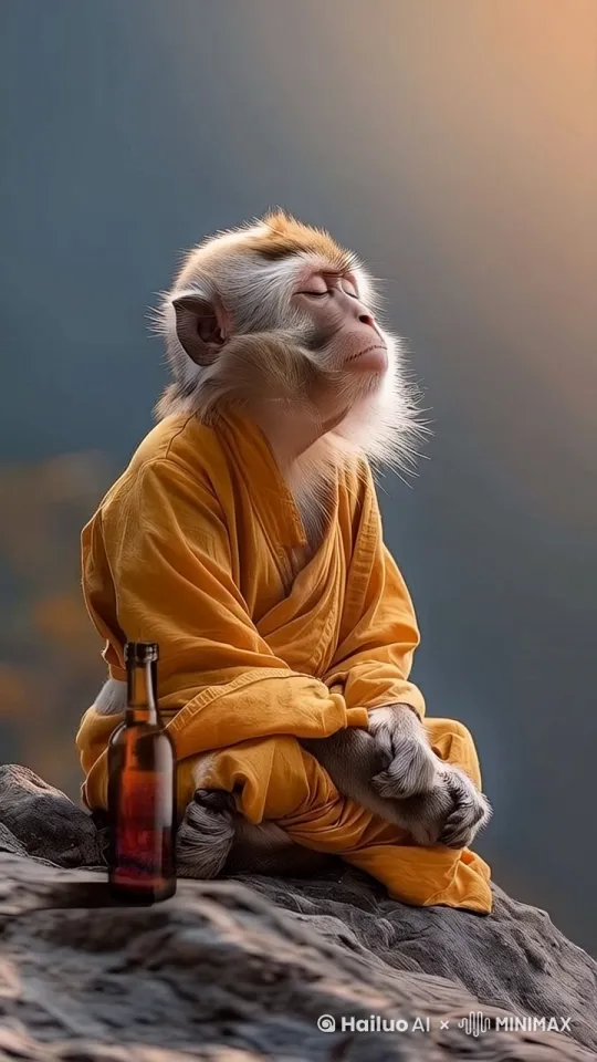 衣服换成黄金带着闪动光效，微风轻轻吹动身上的毛发，脸上的毛发在风中轻轻不停地飘拂着，身上的衣服也在风中吹动轻微有动感，头轻轻转过右边一点点，略微睁开眼睛一条缝瞄一眼，右手轻轻抓起酒瓶放嘴边用力喝了一口并吞下，有吞咽动作和腹部衣服有动感，再放下瓶子，从瓶口冒出灵动设计感文字“ZBOM·志邦整家定制”。 by Hailuo AI Video Generator