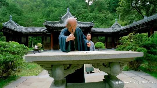 场景 1：后院凉亭
镜头 1：全景，后院凉亭，一名身穿长袍的老者（唐老爷子）站在石桌前，手握笔杆，笔走龙蛇。镜头缓慢推进，特写老者的手，未触碰笔杆，靠真气控制笔势。
旁白：文秀大陆，听香国，云城，唐家。
字幕：文秀大陆，听香国，云城，唐家
镜头 2：特写，老者笔尖一抖，写出难看的一撇。旁边煮茶的管家脸上肌肉一颤。
音效：笔杆抖动声
镜头 3：老者怒喝，将笔重重摔在桌上。
音效：笔杆摔在桌上的声音
旁白：唐老爷子怒喝道：“来人，看看那兔崽子醒了没有，醒了就让他滚过来！” by Hailuo AI Video Generator