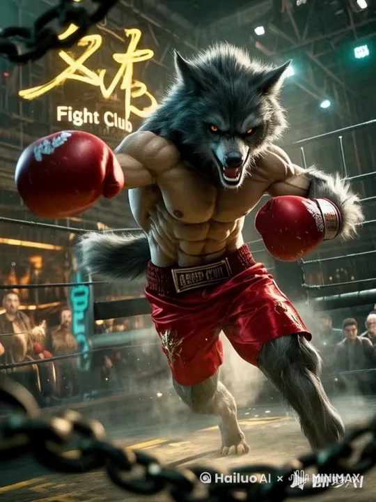 狼人拳手挥舞双拳，然后张嘴仰头咆哮 by Hailuo AI Video Generator