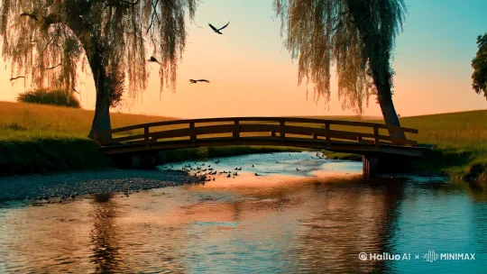 微风下，夕阳是格外的好看，小桥流水，田间蛙声嘻嘻，燕过枝头，水过桥，船到桥头，绪尽头 by Hailuo AI Video Generator