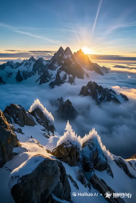 以雪山主峰为视觉锚点，镜头顺时针盘旋上升，晨雾流动速度0.5x，光斑需呈现呼吸式明暗节奏，输出格式：3840×2160/30fps，添加镜头耀斑特效" by Hailuo AI Video Generator