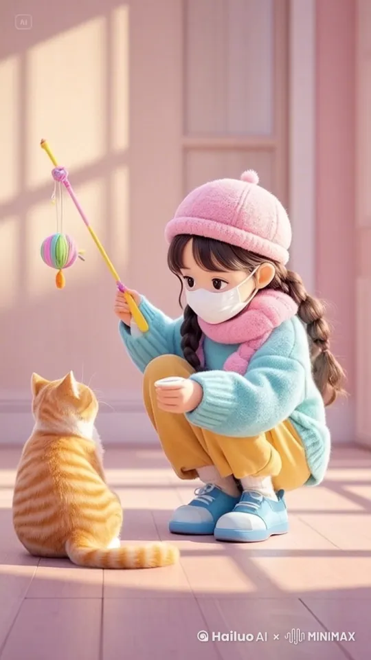 女孩挥舞逗猫棒，猫咪跳跃玩耍 by Hailuo AI Video Generator