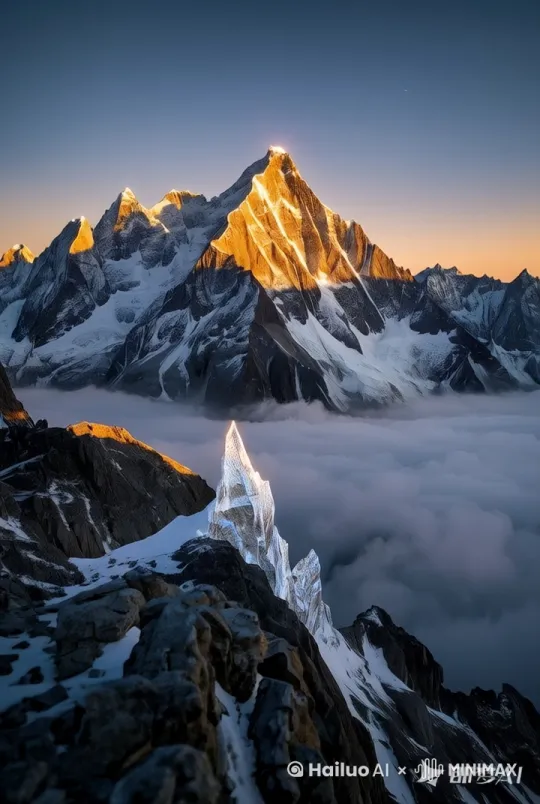 以雪山主峰为视觉锚点，右环移镜头，镜头顺时针盘旋上升，晨雾流动速度0.5x，光斑需呈现呼吸式明暗节奏，输出格式：3840×2160/30fps，添加镜头耀斑特效" by Hailuo AI Video Generator