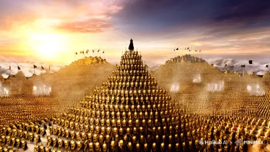 视频提示词：

【画面开场】
- 广角镜头俯视天穹，十万天兵阵列如金色星河翻涌，金甲折射烈日锋芒，战旗猎猎遮天蔽日。镜头急速下坠穿过雷云，定格在孤峰之巅的黑袍身影，破碎披风在罡风中如墨莲绽放。

【武器觉醒】
- 特写主角反握的青铜陌刀突然崩裂锈迹，刀身浮现蚩尤图腾，血槽中液态雷电嘶鸣迸溅。脚下方圆百丈山岩蛛网般龟裂，碎石违反重力逆升悬浮。

【天罚降临】
- 天兵阵型突变，先锋三十六雷将结九霄荡魔大阵，靛紫色雷龙从云端探首。慢镜头中主角纵跃迎击，刀锋划出玄奥轨迹，斩断的龙首在瞳孔倒影中化作漫天流星火雨。

【血战细节】
- 近景搏杀时捕捉到：银甲碎片嵌入主角锁骨，血珠在真空领域凝成赤玉髓；断戟刺穿其左掌却被反手拧成麻花，贯穿三名天兵咽喉；破碎的护心镜映出他嘴角狂气弧度。

【阵法异变】
- 天兵统帅祭出番天印，十万兵刃齐鸣组成立体诛仙剑阵。主角染血束发带断裂刹那，背后浮现饕餮法相吞噬光刃，瞳孔蜕变为熔金竖瞳，脚下血泊沸腾成上古巫文。

【终末时刻】
- 长镜头跟随旋转的断刀扫过战场：崩坏的南天门牌坊斜插大地，残破战车在血海中燃烧，幸存的雷鼓仍自发震颤。主角独坐尸山擦拭刀身，身后残阳将云层染成青铜器皿的锈色。 by Hailuo AI Video Generator
