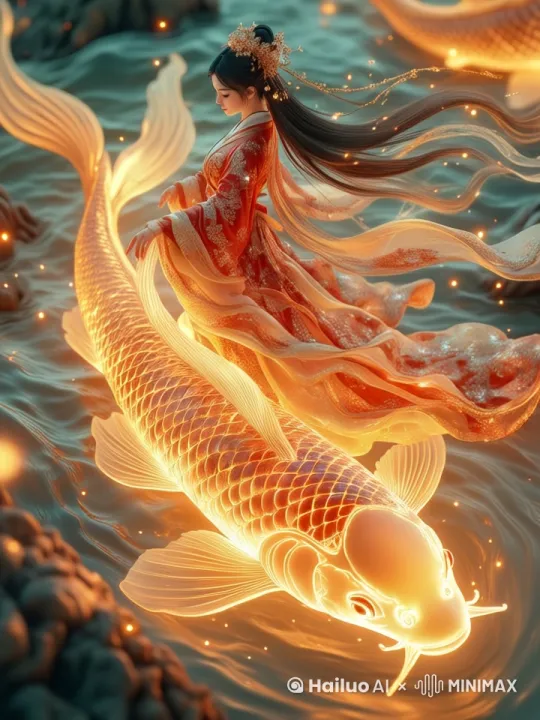 鱼儿在水里慢慢游动，闪闪发光，人物的衣服飘荡 by Hailuo AI Video Generator