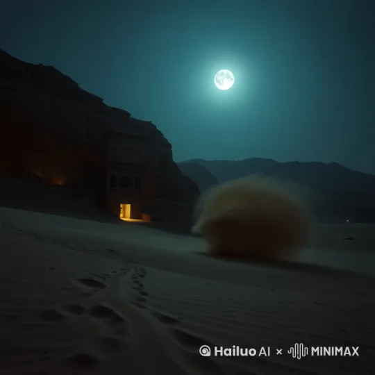 画面是16：9，全景，镜头慢慢推进，荒漠中，一阵阵阴风，扬起阵阵沙尘，莫高窟的第100窟的石窟门前，微弱的光线从石窟门门缝透出
 by Hailuo AI Video Generator