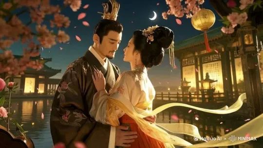 皇帝和嫔妃在月光下拥抱，丝带飘动，樱花飞舞 by Hailuo AI Video Generator