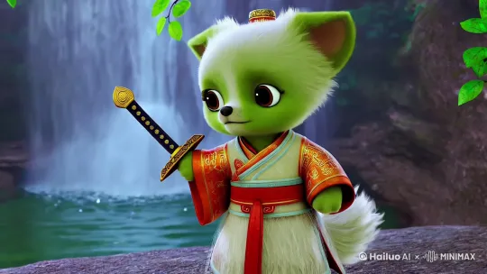 A cute little anthropomorphic green puppy,big bright eyes, carrying a Chinese sword, dressed in a flowing Hanfu, with sparkling snow-white fur, standing, with a fluffy tail, under a flowing waterfall , leaves fluttering gently, extremely detailed 3D animation rendering symmetrical center position, ultra-realistic, ultra-detailed, luxury, film lighting, ultra-clear details, ultra-clear material, close-up, complex texture, octane rendering, zbrush, 8K, VRAY super realistic --upbeta --upbeta --upbeta --v 4  by Hailuo AI Video Generator