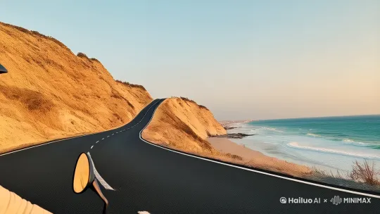 带着头盔，骑着电动车，在海滩公路上 by Hailuo AI Video Generator