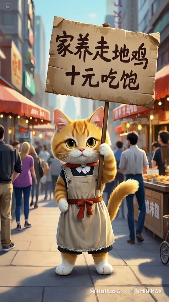 场景描述
 
在繁华热闹、人来人往的街头，一个充满趣味的画面映入眼帘。一只毛色洁白无瑕的猫咪，安静地站在街头小吃摊前。它用两只爪子稳稳地举着一个纸质牌子，牌子上“家养走地鸡 十元吃饱”几个大字格外醒目。猫咪的姿势俏皮可爱，脸上的表情生动有趣，活脱脱像是一位正在热情招揽顾客的促销员。在它身后的背景里，来来往往的行人川流不息，小吃摊上摆满了各式各样香气扑鼻的食品，共同营造出热闹非凡的市场氛围。
 
关键帧设计
 
开场（0 - 1 秒）：镜头聚焦在猫咪举着的纸质牌子上，清晰展示“家养走地鸡 十元吃饱”字样，同时模糊呈现小吃摊上色泽诱人的食物轮廓作为背景。
 
发展（1 - 3 秒）：镜头逐渐拉远，全面展现金毛举着牌子的完整姿态，以及小吃摊丰富多样的食物摆放，周围路过的行人也开始清晰入镜。
 
高潮（3 - 4 秒）：镜头定格在猫咪的脸上，特写它充满期待、仿佛在热情招揽顾客的有趣表情。
 
结尾（4 - 5 秒）：镜头进一步拉远，以全景视角展示整个热闹的街头场景，猫咪在小吃摊前举牌的画面位于画面中心，周围行人、小吃摊及各类食品共同构成热闹的背景，画面定格在这充满创意与活力的瞬间。
 
拟人化要素
 
猫咪以俏皮的姿势和生动的表情举牌，仿佛它像人类促销员一样，通过热情的“招揽”来吸引顾客，充分展现出拟人化的活泼与机灵，为小吃摊增添了独特的广告魅力。 by Hailuo AI Video Generator