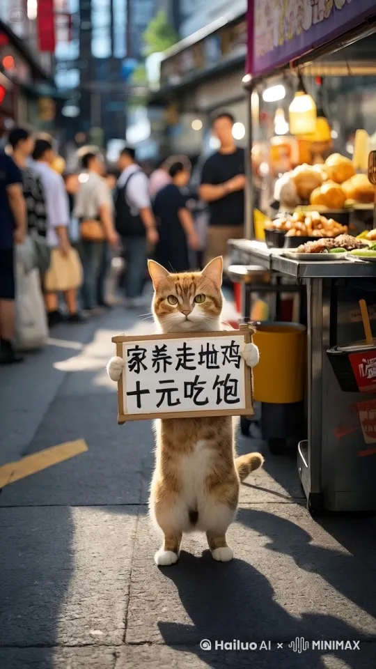 场景描述
 
在繁华热闹、人来人往的街头，一个充满趣味的画面映入眼帘。一只毛色洁白无瑕的猫咪，安静地站在街头小吃摊前。它用两只爪子稳稳地举着一个纸质牌子，牌子上“家养走地鸡 十元吃饱”几个大字格外醒目。猫咪的姿势俏皮可爱，脸上的表情生动有趣，活脱脱像是一位正在热情招揽顾客的促销员。在它身后的背景里，来来往往的行人川流不息，小吃摊上摆满了各式各样香气扑鼻的食品，共同营造出热闹非凡的市场氛围。
 
关键帧设计
 
开场（0 - 1 秒）：镜头聚焦在猫咪举着的纸质牌子上，清晰展示“家养走地鸡 十元吃饱”字样，同时模糊呈现小吃摊上色泽诱人的食物轮廓作为背景。
 
发展（1 - 3 秒）：镜头逐渐拉远，全面展现金毛举着牌子的完整姿态，以及小吃摊丰富多样的食物摆放，周围路过的行人也开始清晰入镜。
 
高潮（3 - 4 秒）：镜头定格在猫咪的脸上，特写它充满期待、仿佛在热情招揽顾客的有趣表情。
 
结尾（4 - 5 秒）：镜头进一步拉远，以全景视角展示整个热闹的街头场景，猫咪在小吃摊前举牌的画面位于画面中心，周围行人、小吃摊及各类食品共同构成热闹的背景，画面定格在这充满创意与活力的瞬间。
 
拟人化要素
 
猫咪以俏皮的姿势和生动的表情举牌，仿佛它像人类促销员一样，通过热情的“招揽”来吸引顾客，充分展现出拟人化的活泼与机灵，为小吃摊增添了独特的广告魅力。 by Hailuo AI Video Generator