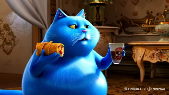 一只蓝色的胖猫左手拿鸡肉卷右手拿北京豆汁 by Hailuo AI Video Generator