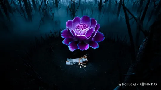 [下降,上摇]在一片幽暗的森林深处，隐藏着一个与世隔绝的空间。这里没有阳光的眷顾，只有永恒的暮色笼罩着一切。浓密的黑雾在空气中弥漫。在这片阴森的森林中央，有一片被黑色荆棘包围的空地。空地的中央，一朵巨大的牡丹花悄然绽放。它的花瓣呈现出深紫色，边缘泛着幽幽的蓝光，花蕊中一个美丽的女子沉睡其中，身穿古装，怀抱一副枯骨。[下降,上摇] by Hailuo AI Video Generator
